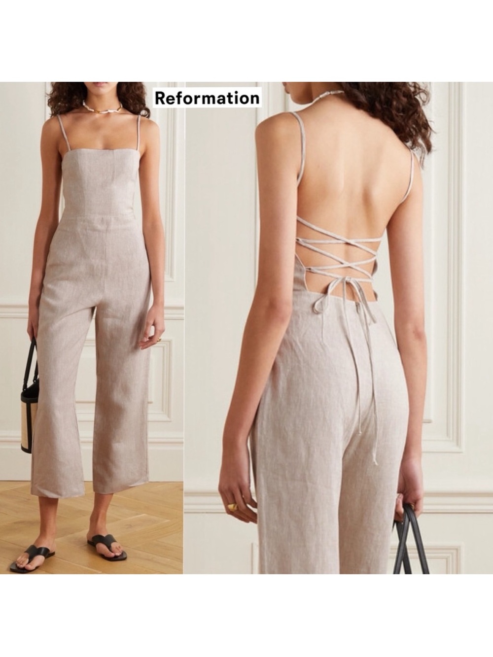Reformation Huntington Linen Tie-Back Jumpsuit in Cream